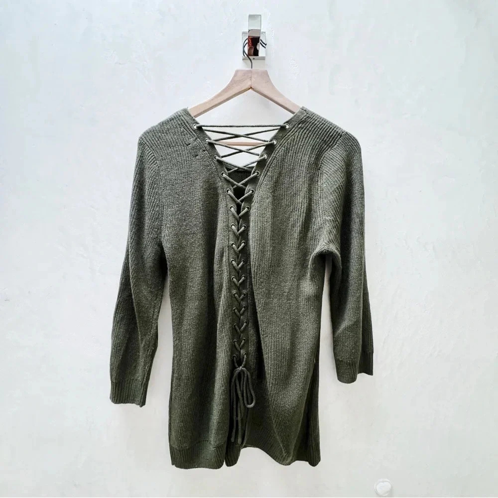 VTG Soho NY & Co || Corset Back Knit Sweater in Olive Medium Y2K